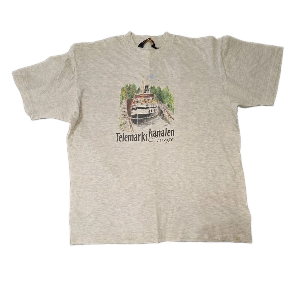 Vintage Telemarkskanalen Norge T Shirt Mens L Gray Norway Canal Riverboat Tee